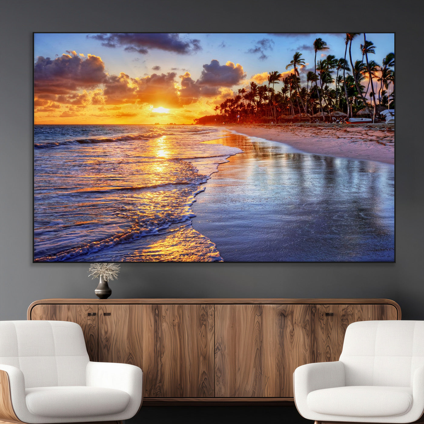 19917-MGV-CV-36X24-Tropical Sunset Beach Wall Art – Panoramic Palm Trees and Ocean Canvas Print, Vibrant Coastal Decor for Living Room, Office or Man