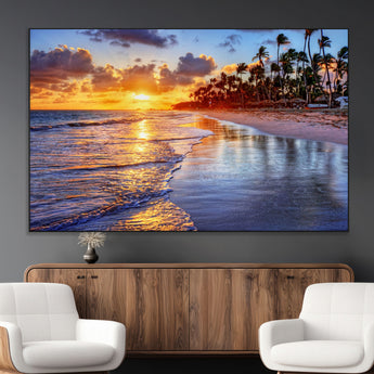19917-MGV-CV-36X24-Tropical Sunset Beach Wall Art – Panoramic Palm Trees and Ocean Canvas Print, Vibrant Coastal Decor for Living Room, Office or Man