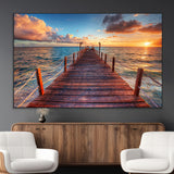 28836-MGV-CV-36X24-Ocean Pier Sunset Wall Art – Wooden Dock and Golden Horizon Canvas Print, Coastal Seascape Photography for Living Room, Bedroom,