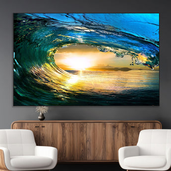 19378-MGV-CV-36X24-Ocean Wave Sunset Wall Art – Vibrant Surf and Golden Horizon Canvas Print, Coastal Seascape Photography for Living Room, Bedroom,