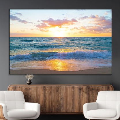 78006-MGV-CV-36X24-Golden Sunrise Ocean Wall Art – Panoramic Beach Waves Canvas Print, Coastal Seascape Artwork for Living Room, Bedroom, Office, or