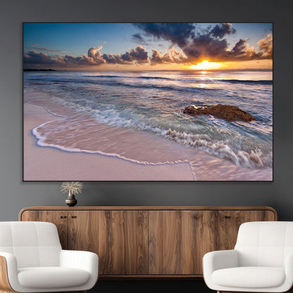 94906-MGV-CV-36X24-Sunrise Beach Wall Art – Panoramic Ocean Waves Canvas Print, Coastal Sunset Seascape Artwork for Living Room, Bedroom, or Office