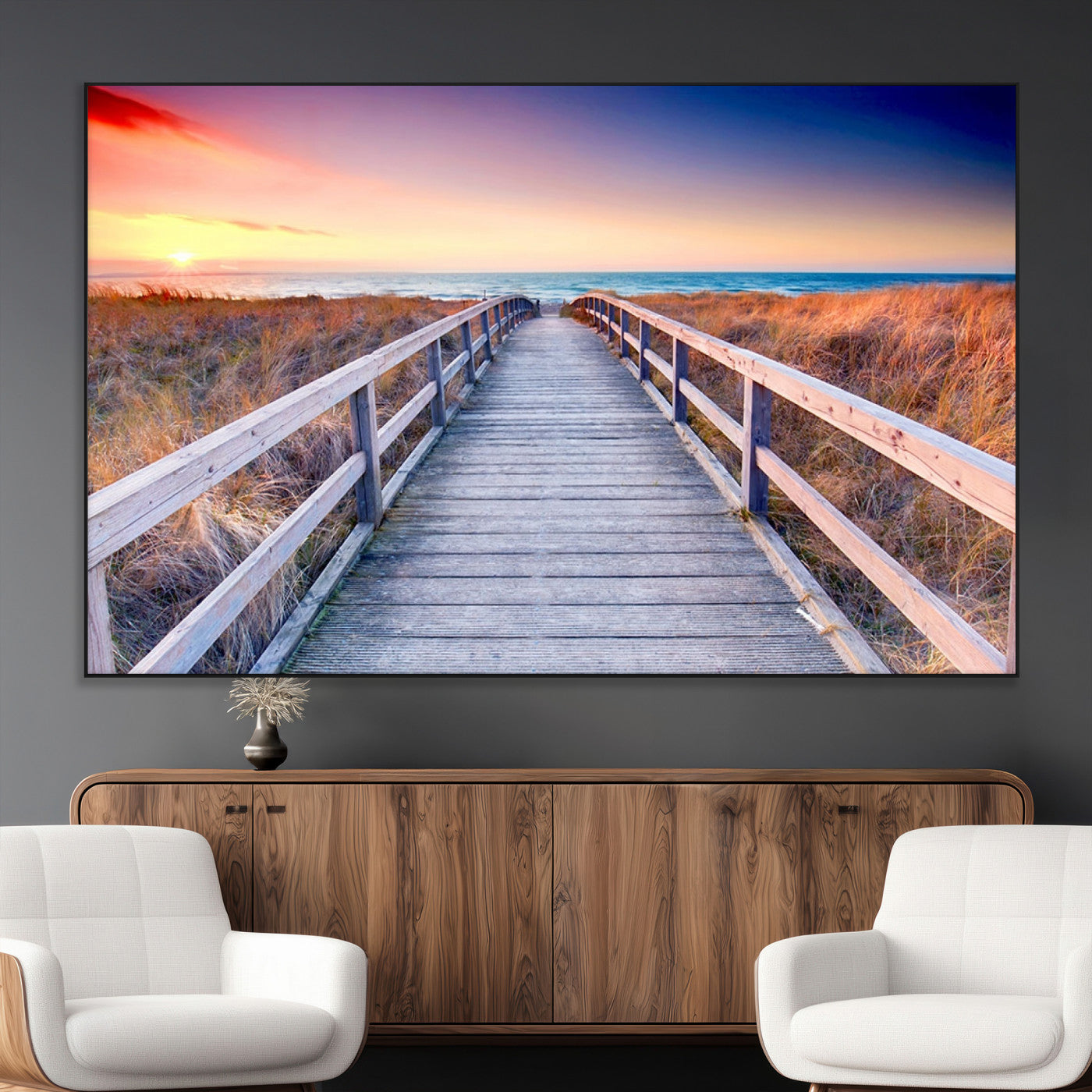 60625-MGV-CV-36X24-Beach Boardwalk Sunrise Wall Art – Coastal Pathway to Ocean Canvas Print, Seaside Landscape Decor for Home or Office