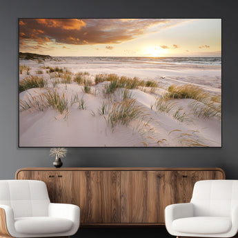 61246-MGV-CV-36X24-Coastal Sand Dunes Wall Art – Serene Beach Sunset Canvas Print with Grasses and Ocean View, Tranquil Seaside Decor for Living Room