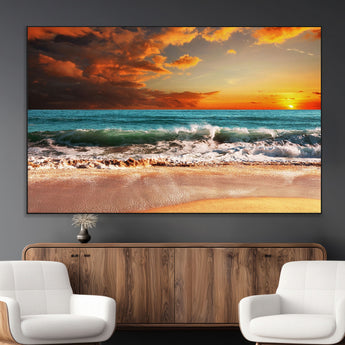72948-MGV-CV-36X24-Ocean Sunset Wave Wall Art – Dramatic Seascape Canvas Print with Golden Sky and Crashing Waves, Coastal Beach Decor for Living