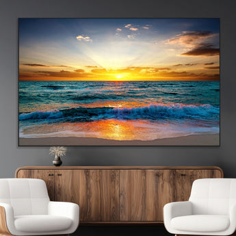 50627-MGV-CV-36X24-Ocean Sunset Wall Art – Serene Beach Canvas Print with Waves and Golden Sky, Coastal Decor for Living Room or Office