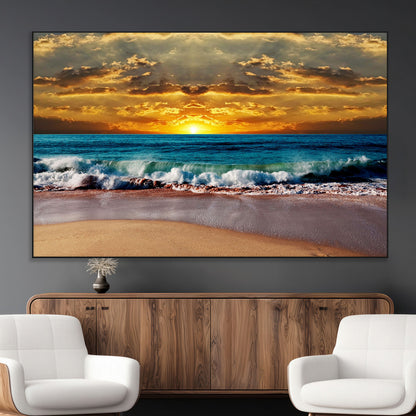 83389-MGV-CV-36X24-Ocean Sunrise Wall Art – Vibrant Beach Waves Canvas Print, Coastal Seascape Decor for Living Room or Office