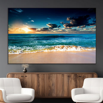 88985-MGV-CV-36X24-Ocean Sunset Wall Art – Tranquil Beach Waves Canvas Print, Coastal Seascape Decor for Living Room or Office