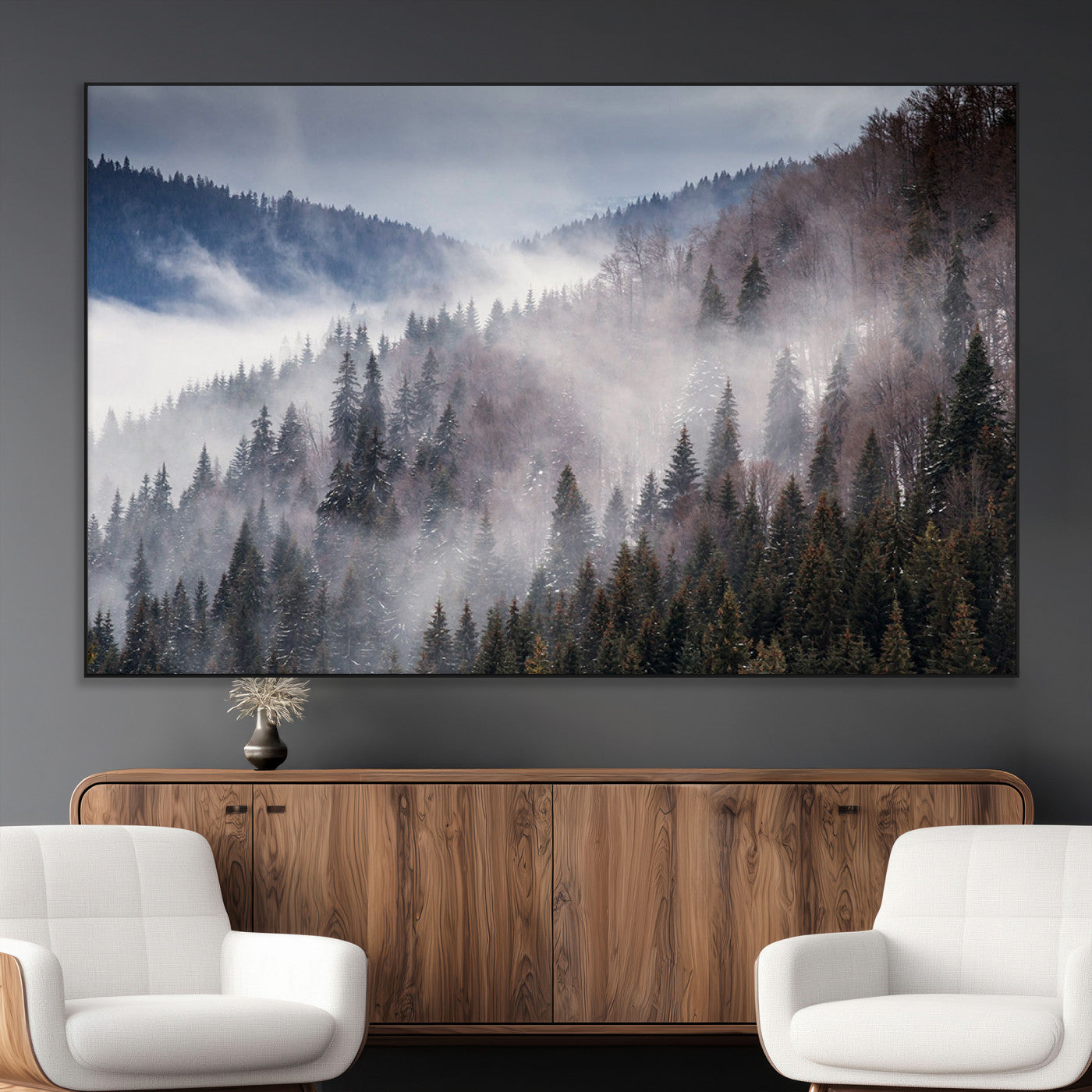 18459-MGV-CV-36X24-Misty Pine Forest Wall Art – Serene Mountain Landscape Canvas Print, Tranquil Nature Artwork for Living Room, Bedroom, Cabin or
