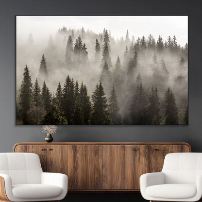 62862-MGV-CV-36X24-Misty Forest Wall Art – Tranquil Pine Tree Canvas Print with Mountain Fog, Nature Landscape Artwork for Living Room, Bedroom, or