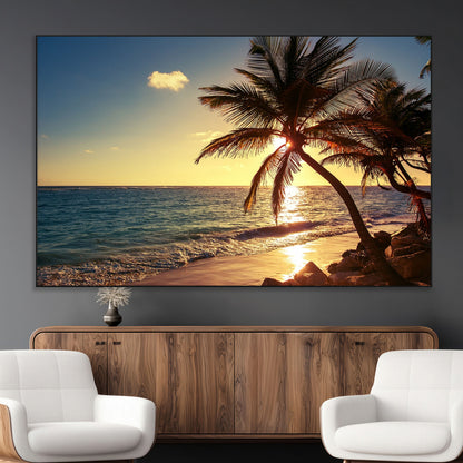 82710-MGV-CV-36X24-Palm Tree Sunset Beach Wall Art – Tropical Ocean Canvas Print, Coastal Paradise Seascape Decor for Living Room or Office Wall