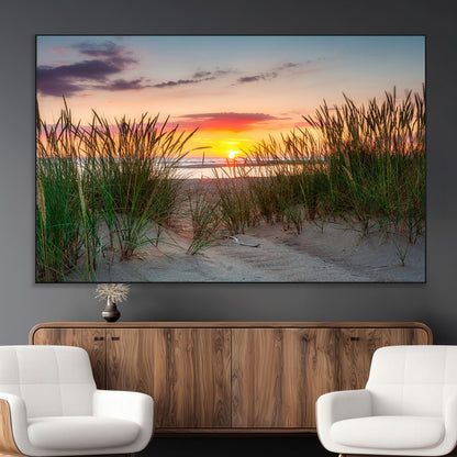 25576-MGV-CV-36X24-Beach Grass Sunset Wall Art – Coastal Sand Dune Landscape Canvas Print, Ocean View Nature Decor for Living Room or Office Wall