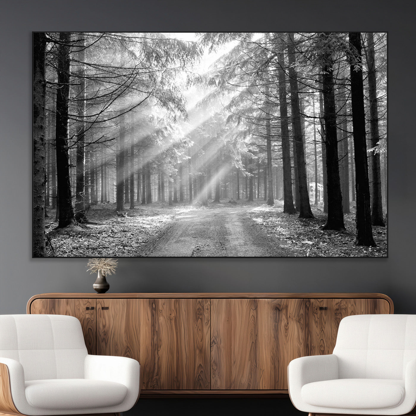 39665-MGV-CV-36X24-Black and White Forest Path Wall Art – Sunlight Rays in Trees Canvas Print, Nature Landscape Decor for Living Room or Office