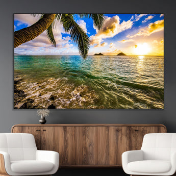 68606-MGV-CV-36X24-Tropical Palm Tree Ocean Wall Art – Sunset Beach Seascape Print, Coastal Paradise Decor for Living Room or Office