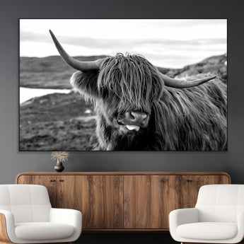 83810-MGV-CV-36X24-Highland Cow Wall Art – Black and White Highland Cattle Print, Rustic Farmhouse Animal Decor for Living Room