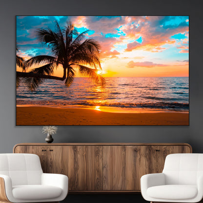 34674-MGV-CV-36X24-Tropical Sunset Beach Wall Art – Palm Tree Ocean Canvas Print, Coastal Seascape Decor for Living Room or Office Wall