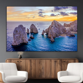 72955-MGV-CV-36X24-Ocean Rock Formation Wall Art – Sunset Coastal Seascape Print, Beach Landscape Decor for Living Room or Office