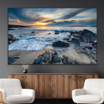 17902-MGV-CV-36X24-Rocky Shore Ocean Sunset Wall Art – Coastal Seascape Canvas Print, Nature Beach Decor for Living Room or Office