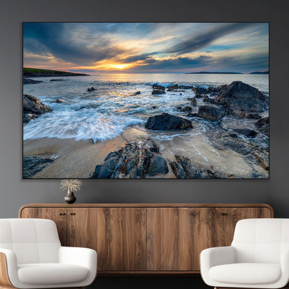 17902-MGV-CV-36X24-Rocky Shore Ocean Sunset Wall Art – Coastal Seascape Canvas Print, Nature Beach Decor for Living Room or Office
