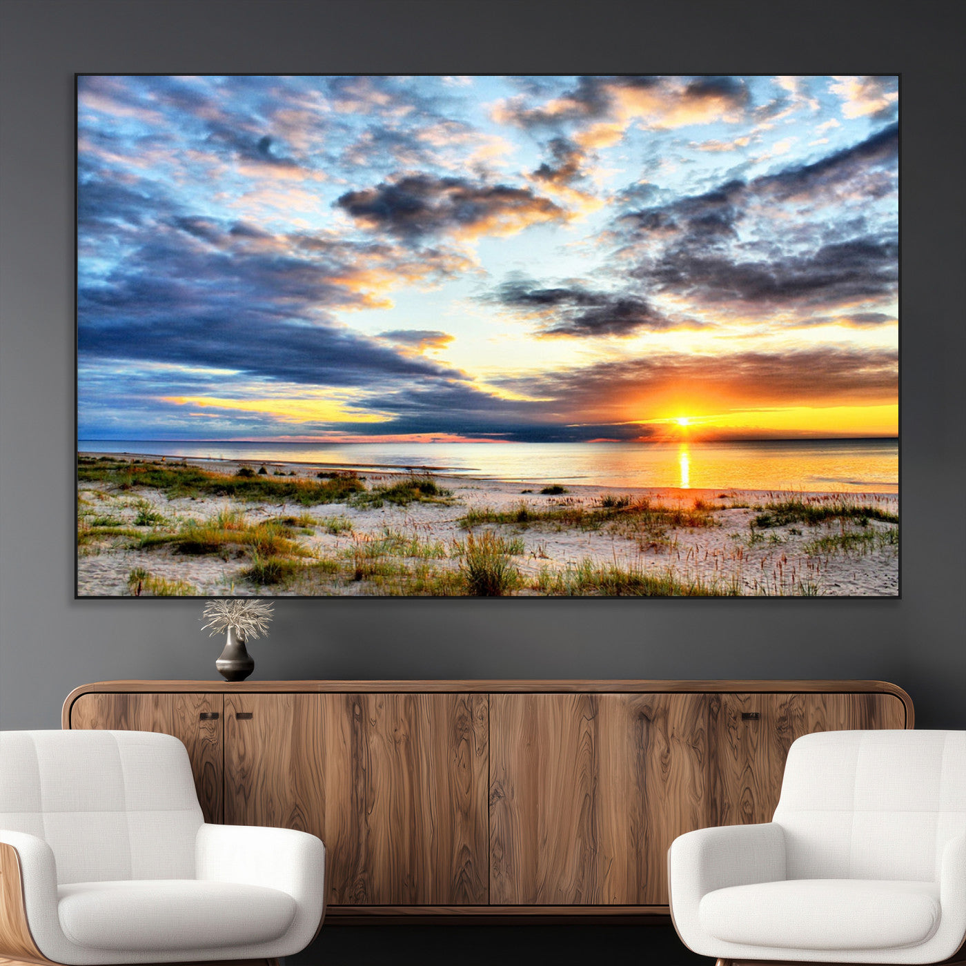 39645-MGV-CV-36X24-Golden Beach Sunset Wall Art – Serene Ocean Horizon Canvas Print, Coastal Nature Landscape Decor for Living Room, Bedroom or