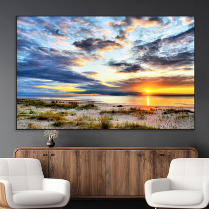 39645-MGV-CV-36X24-Golden Beach Sunset Wall Art – Serene Ocean Horizon Canvas Print, Coastal Nature Landscape Decor for Living Room, Bedroom or