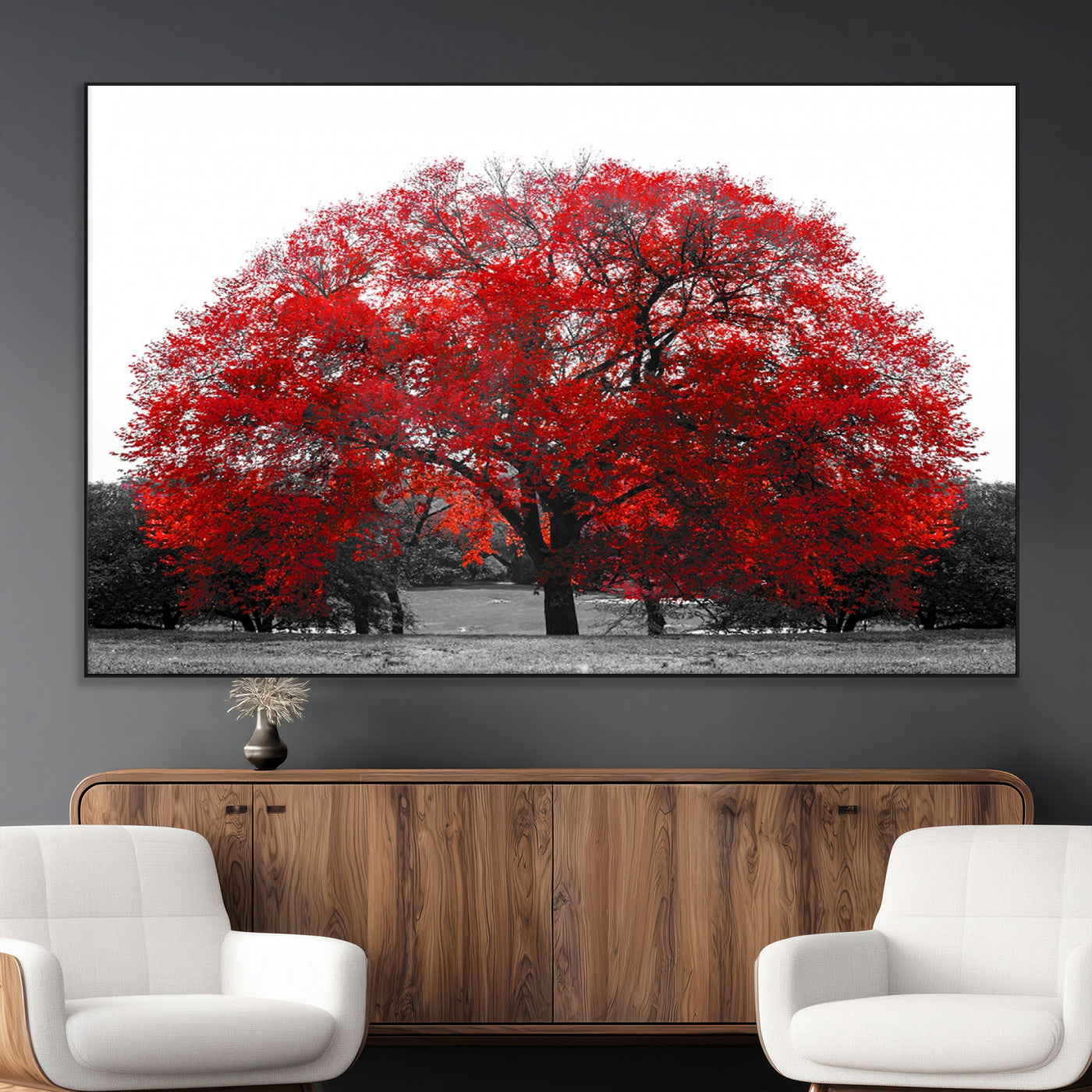 80021-MGV-CV-36X24-Red Tree Wall Art – Striking Black and White Landscape Canvas Print with Vibrant Red Leaves, Modern Nature Decor for Living Room