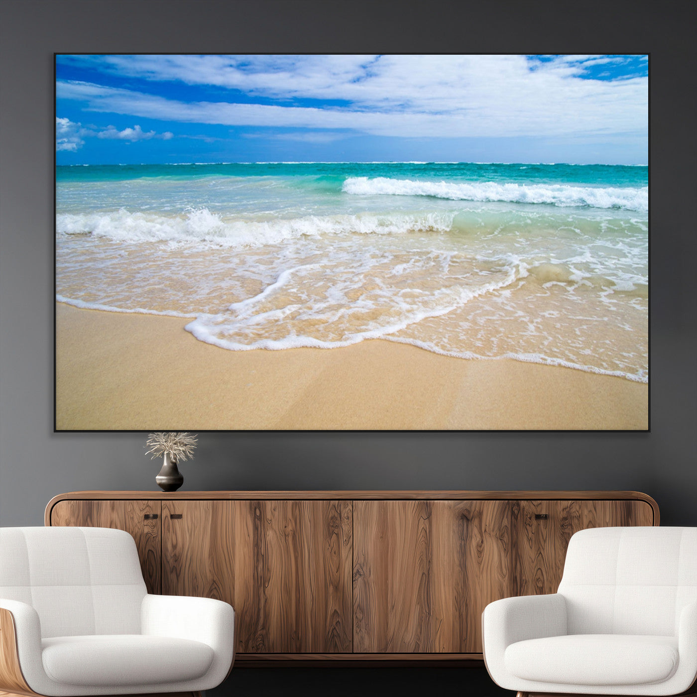 20660-MGV-CV-36X24-Ocean Wave Beach Wall Art – Serene Blue Sea and Sandy Shore Canvas Print, Coastal Landscape Photography Decor for Living Room or