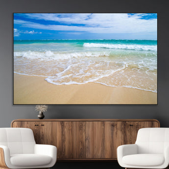 20660-MGV-CV-36X24-Ocean Wave Beach Wall Art – Serene Blue Sea and Sandy Shore Canvas Print, Coastal Landscape Photography Decor for Living Room or