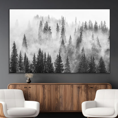 10422-MGV-CV-36X24-Misty Pine Forest Wall Art – Black and White Foggy Landscape Canvas Print, Serene Nature Woodland Decor for Bedroom, Office or