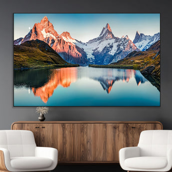 88453-MGV-CV-36X24-Mountain Lake Wall Art – Snow-Capped Peaks Reflected in Alpine Water Canvas Print, Nature Landscape Wall Decor for Living Room or
