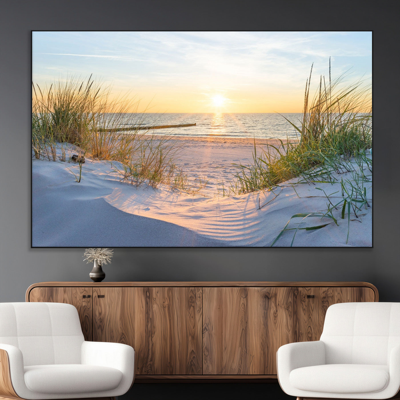 48907-MGV-CV-36X24-Beach Sunset Wall Art – Coastal Sand Dunes and Ocean View Canvas Print, Serene Seaside Landscape Painting for Living Room, Bedroom
