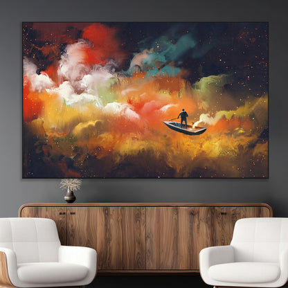 45085-MGV-CV-36X24-Surreal Cosmic Wall Art – Abstract Galaxy Dreamscape Canvas Print with Man and Dog in Boat, Fantasy Nebula Painting for Living