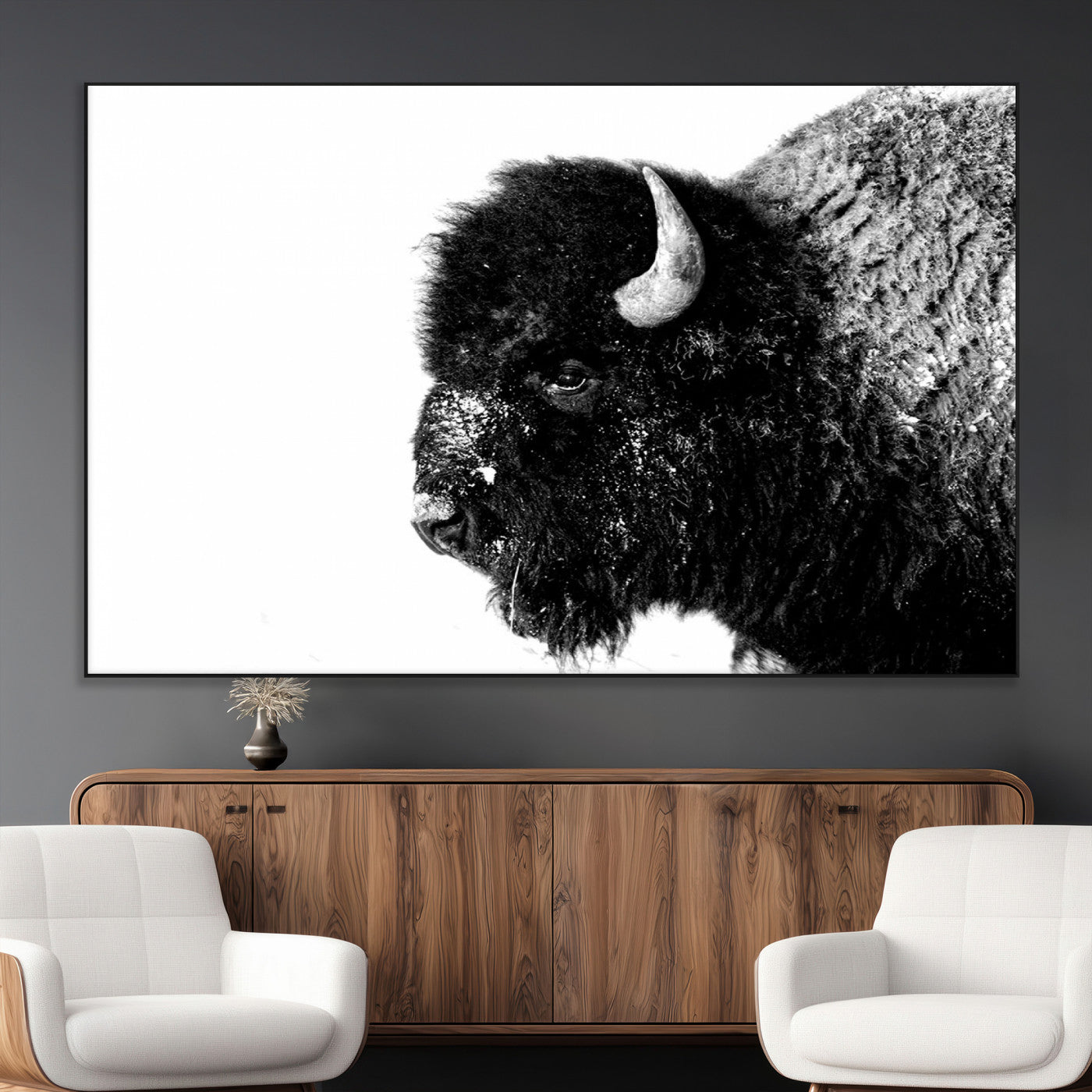68780-MGV-CV-36X24-Bison Close-Up Wall Art – Black and White Buffalo Canvas Print, Rustic Wildlife Photography Decor for Living Room, Office, or