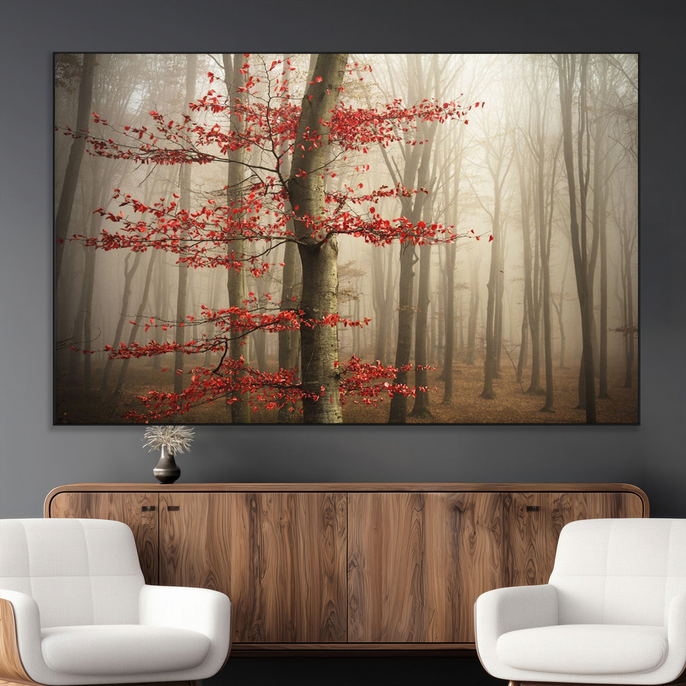 61855-MGV-CV-36X24-Misty Forest Wall Art – Red Tree with Autumn Leaves Canvas Print, Moody Woodland Nature Decor for Living Room, Bedroom, or Office