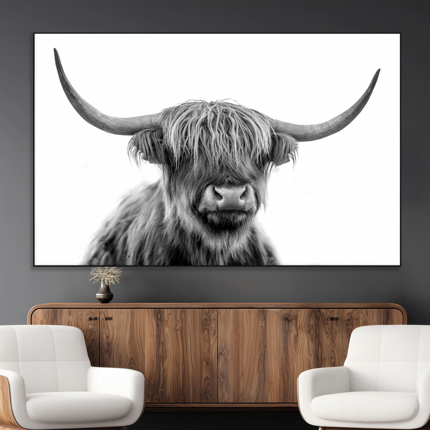 10123-MGV-CV-36X24-Black and White Highland Cow Wall Art – Modern Farmhouse Animal Print, Rustic Scottish Bull Canvas Decor for Living Room, Bedroom,