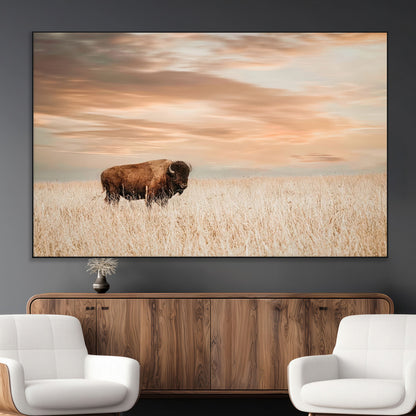 99699-MGV-CV-36X24-Bison in Prairie at Sunset – Wildlife Photography Print, American Buffalo Wall Art, Nature Landscape Canvas Decor for Office