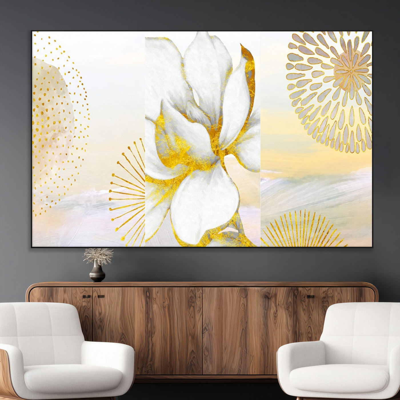 82301-MGV-CV-36X24-Modern Floral Wall Art – White Flower with Gold Detailing Canvas Print, Elegant Abstract Artwork for Living Room, Bedroom, or