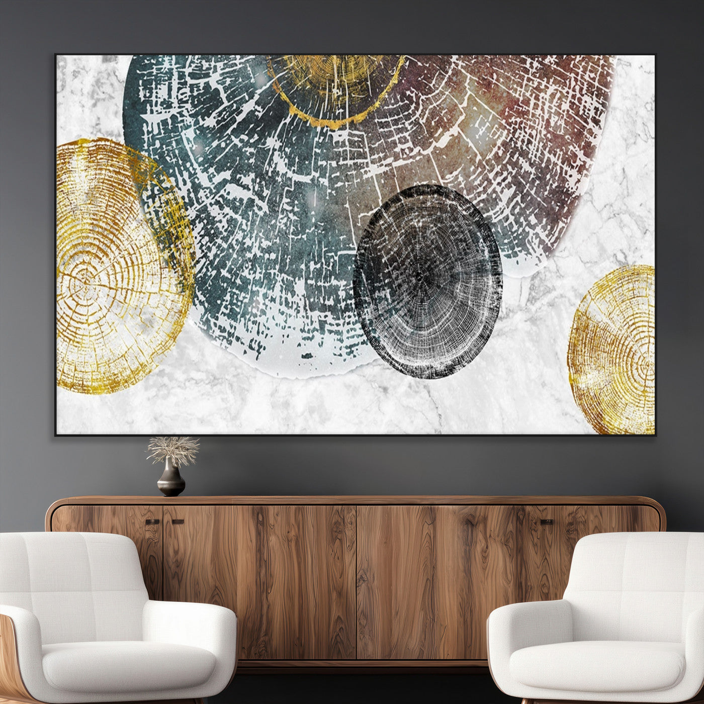 70653-MGV-CV-36X24-Abstract Tree Ring Wall Art – Modern Rustic Wood Slice Canvas Print with Gold Accents, Contemporary Nature Decor for Living Room,