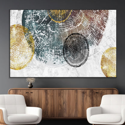 70653-MGV-CV-36X24-Abstract Tree Ring Wall Art – Modern Rustic Wood Slice Canvas Print with Gold Accents, Contemporary Nature Decor for Living Room,