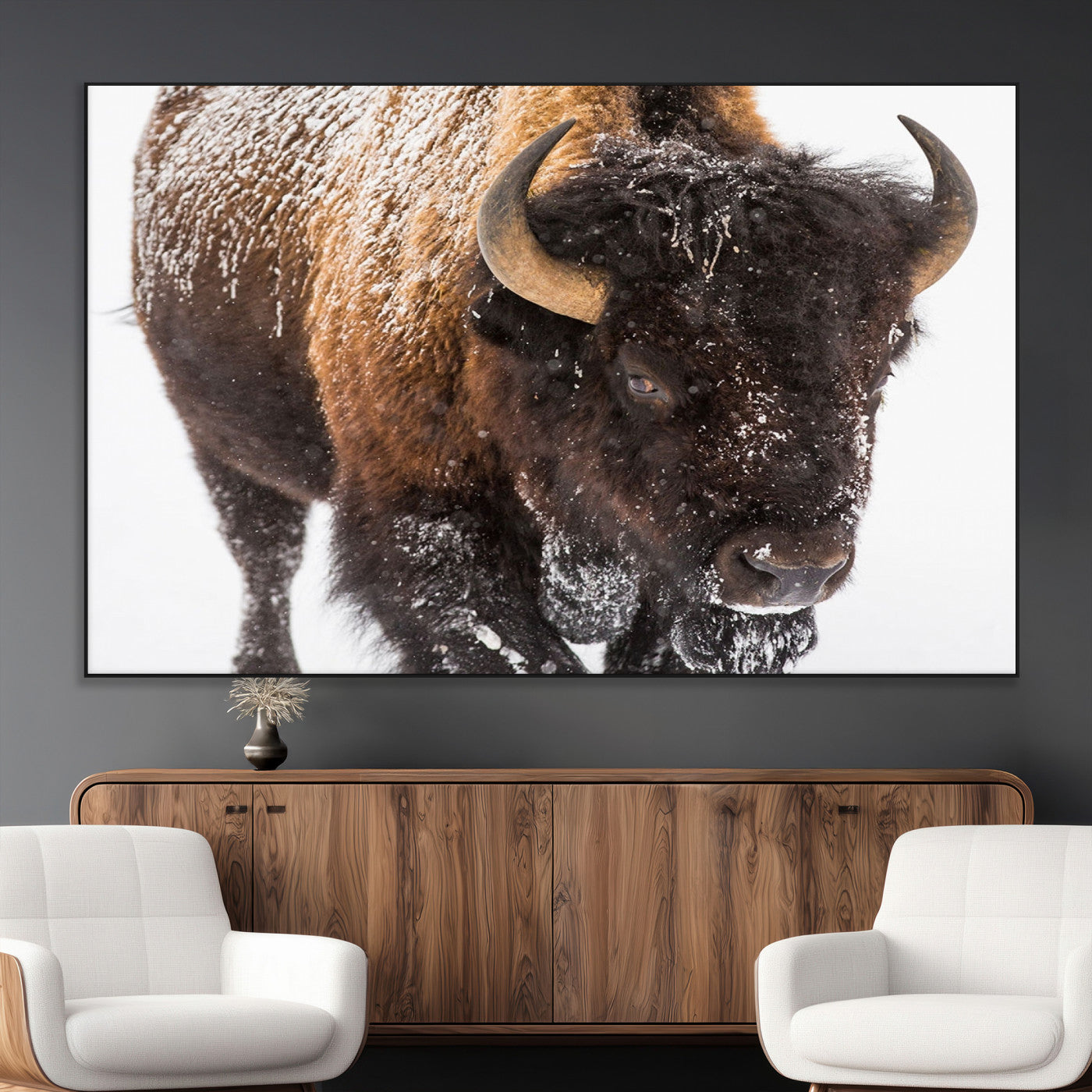 65605-MGV-CV-36X24-Snow Bison Wall Art – Close Up Buffalo Canvas Print, Rustic Western Wildlife Photography, Farmhouse Cabin Lodge Decor for Living