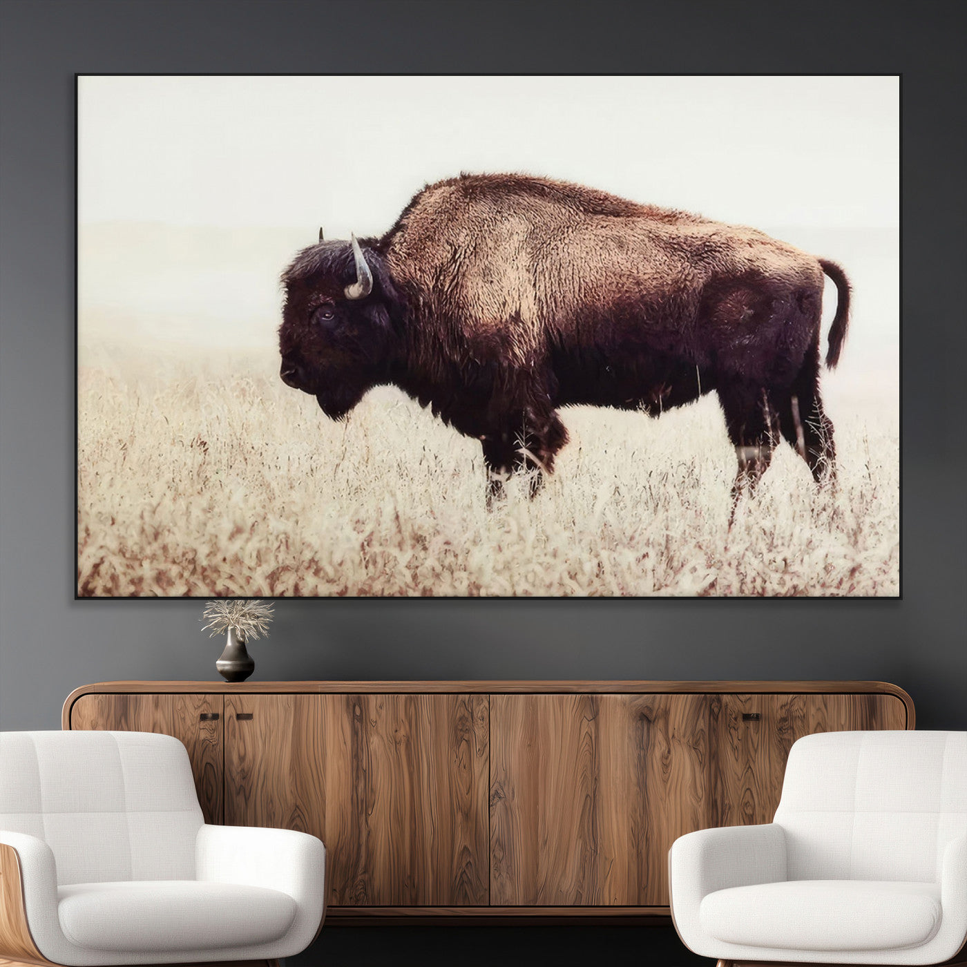 48406-MGV-CV-36X24-American Bison Wall Art – Rustic Buffalo Canvas Print in Prairie Field, Western Wildlife Photography Decor for Cabin, Lodge,