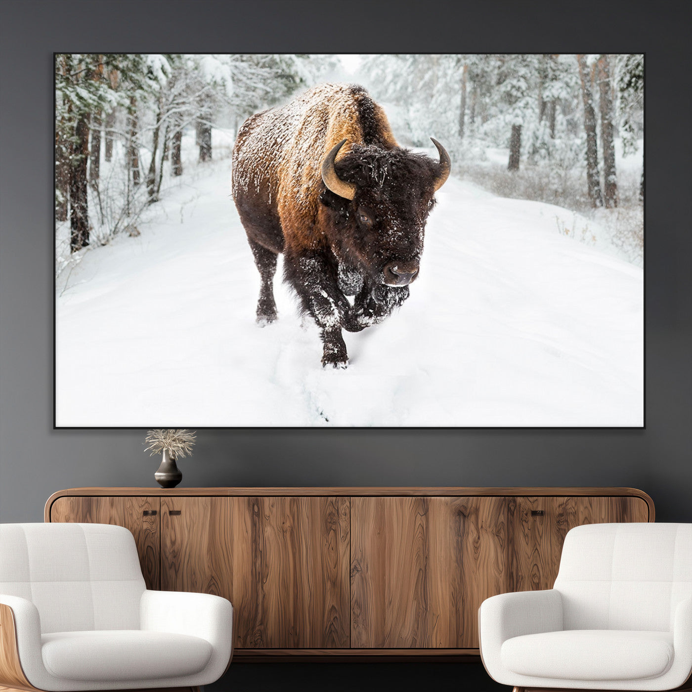 10109-MGV-CV-36X24-Majestic Bison Winter Wall Art – Snowy Forest Buffalo Canvas Print, Rustic Wildlife Photography Decor for Cabin, Lodge, Living