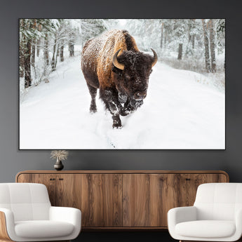 10109-MGV-CV-36X24-Majestic Bison Winter Wall Art – Snowy Forest Buffalo Canvas Print, Rustic Wildlife Photography Decor for Cabin, Lodge, Living