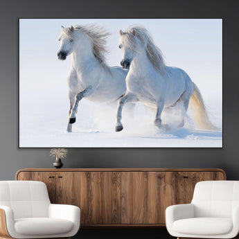 80145-MGV-CV-36X24-White Horses Running Snow Wall Art – Majestic Equine Canvas Print, Winter Nature Photography Decor for Living Room, Office,