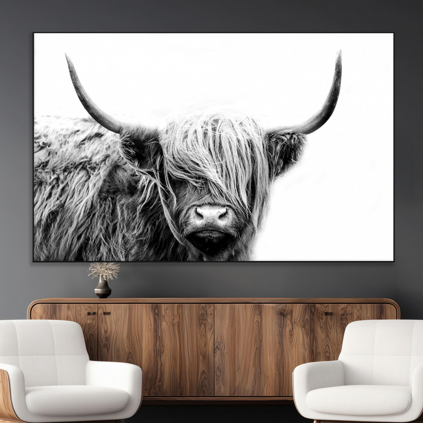 51957-MGV-CV-36X24-Highland Cow Wall Art – Black and White Scottish Highland Bull Canvas Print, Rustic Farmhouse Animal Decor for Living Room,