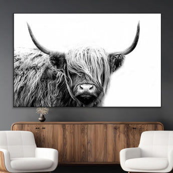 51957-MGV-CV-36X24-Highland Cow Wall Art – Black and White Scottish Highland Bull Canvas Print, Rustic Farmhouse Animal Decor for Living Room,