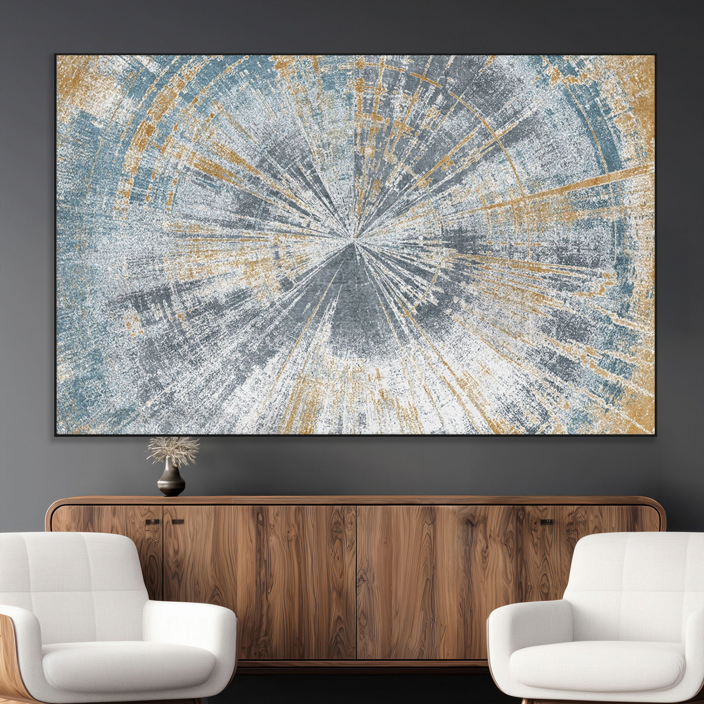 17631-MGV-CV-36X24-Radiant Burst Wall Art – Abstract Sunburst Canvas Print in Blue and Gold, Modern Geometric Painting for Living Room, Office or
