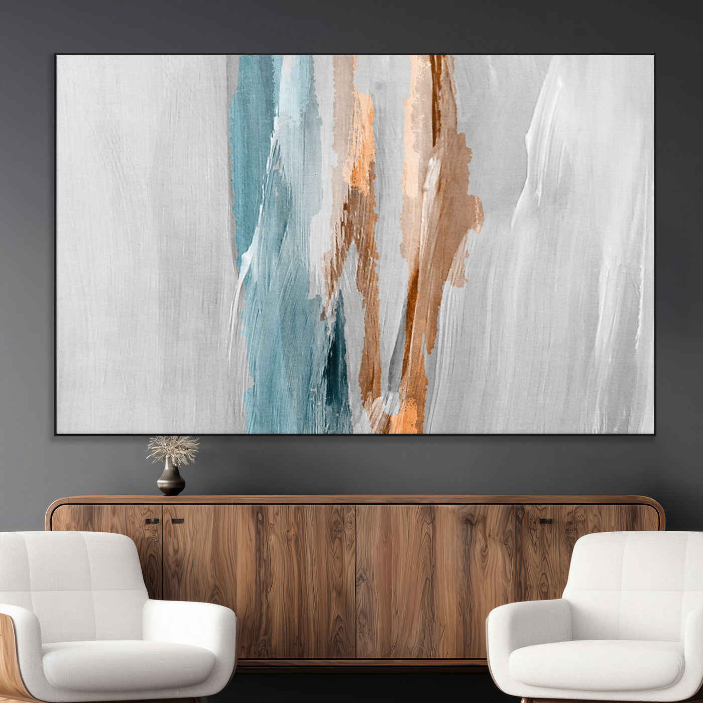 66154-MGV-CV-36X24-Abstract Brushstroke Wall Art – Modern Teal and Gold Canvas Print, Minimalist Contemporary Painting for Living Room, Bedroom, or