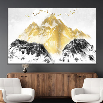 37733-MGV-CV-36X24-Golden Mountain Wall Art – Modern Abstract Landscape Canvas Print with Birds, Luxury Nature Decor for Living Room, Bedroom, or