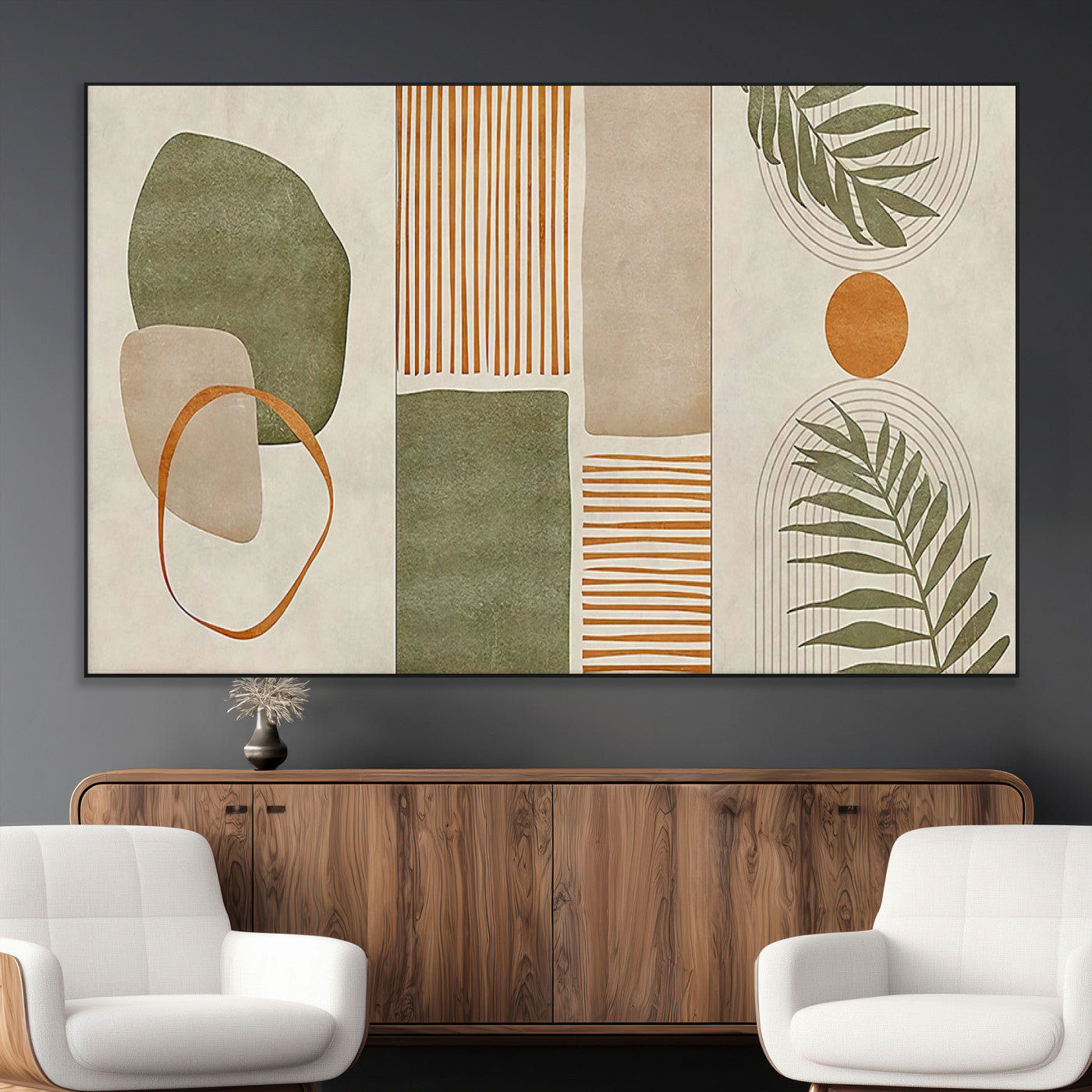 96002-MGV-CV-36X24-Abstract Geometric Wall Art – Modern Canvas Print with Green, Orange & Beige Shapes, Minimalist Home Decor for Living Room, Office